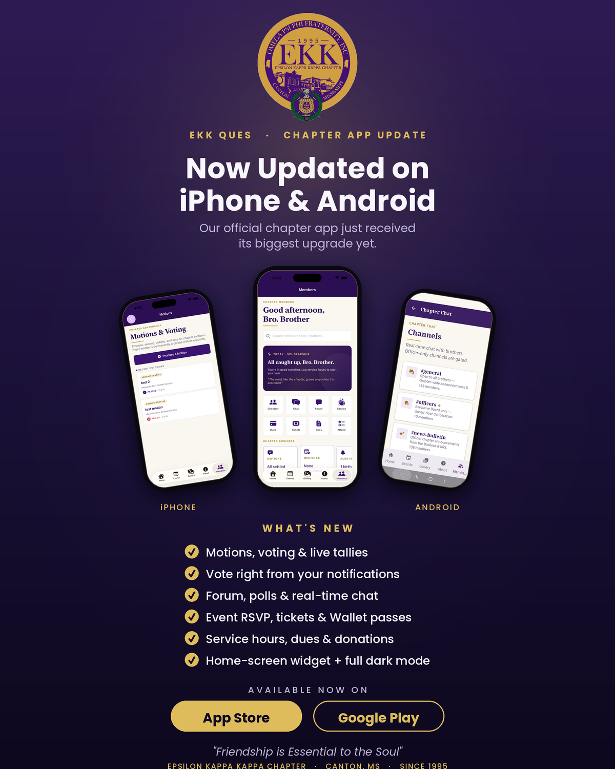 EKK Ques chapter app — Motions and voting, members directory, and chapter chat screens shown on iPhone and Android